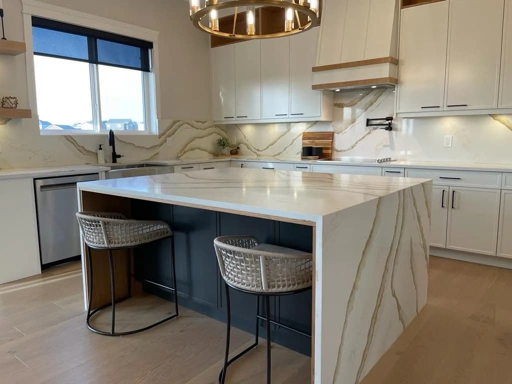 Waterfall edge quartz kitchen island with pendant lighting, Calgary